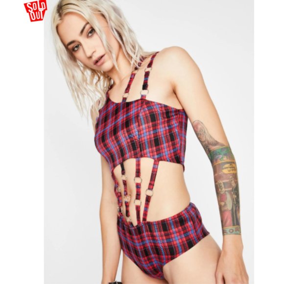 Dolls Kill Tops - 🆕 NWT "Berry Plaid Habits" cutout bodysuit